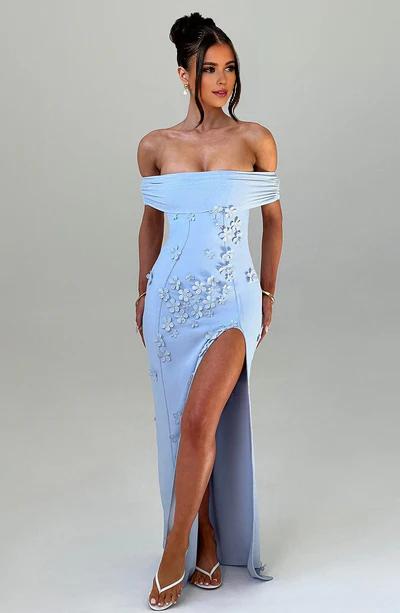 A-Line Off-the-Shoulder 3D floral appliques Thigh high split Front fork Formal Prom Dress